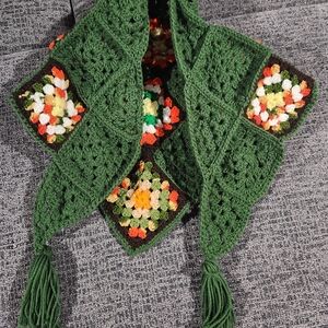 Handcrafted Green Crochet Scarf with Multicolor Accents